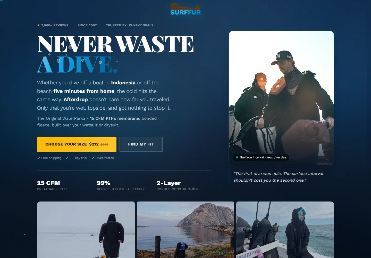 Surf-fur scuba landing page built by Aleks, with diving imagery, product information and a path to choose a WaterParka size